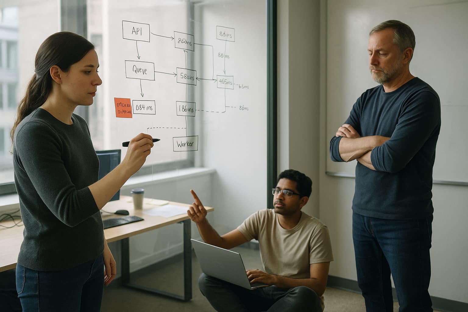 Equipa de engenheiros Node.js em sessão de pé junto a parede de vidro com anotações de benchmarks, numa sala clara de manhã, analisando trade-offs de filas de jobs.