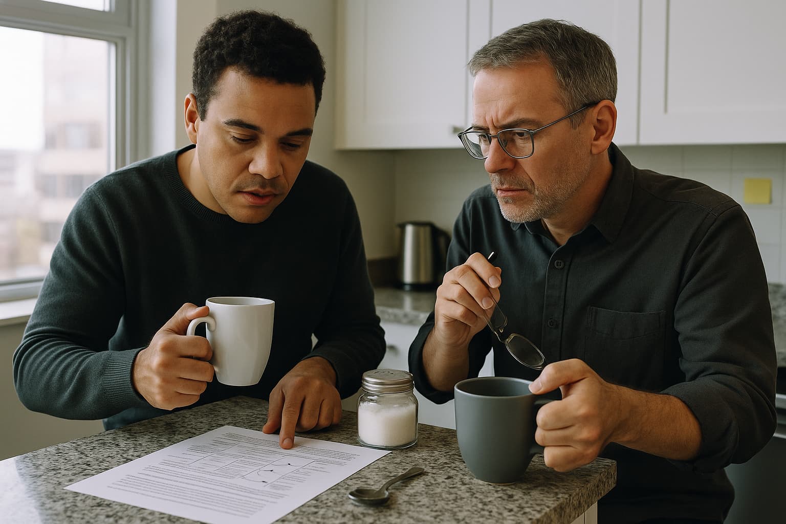 Duas pessoas conversam na copa do escritório com cafés e um contrato de dados impresso no balcão.